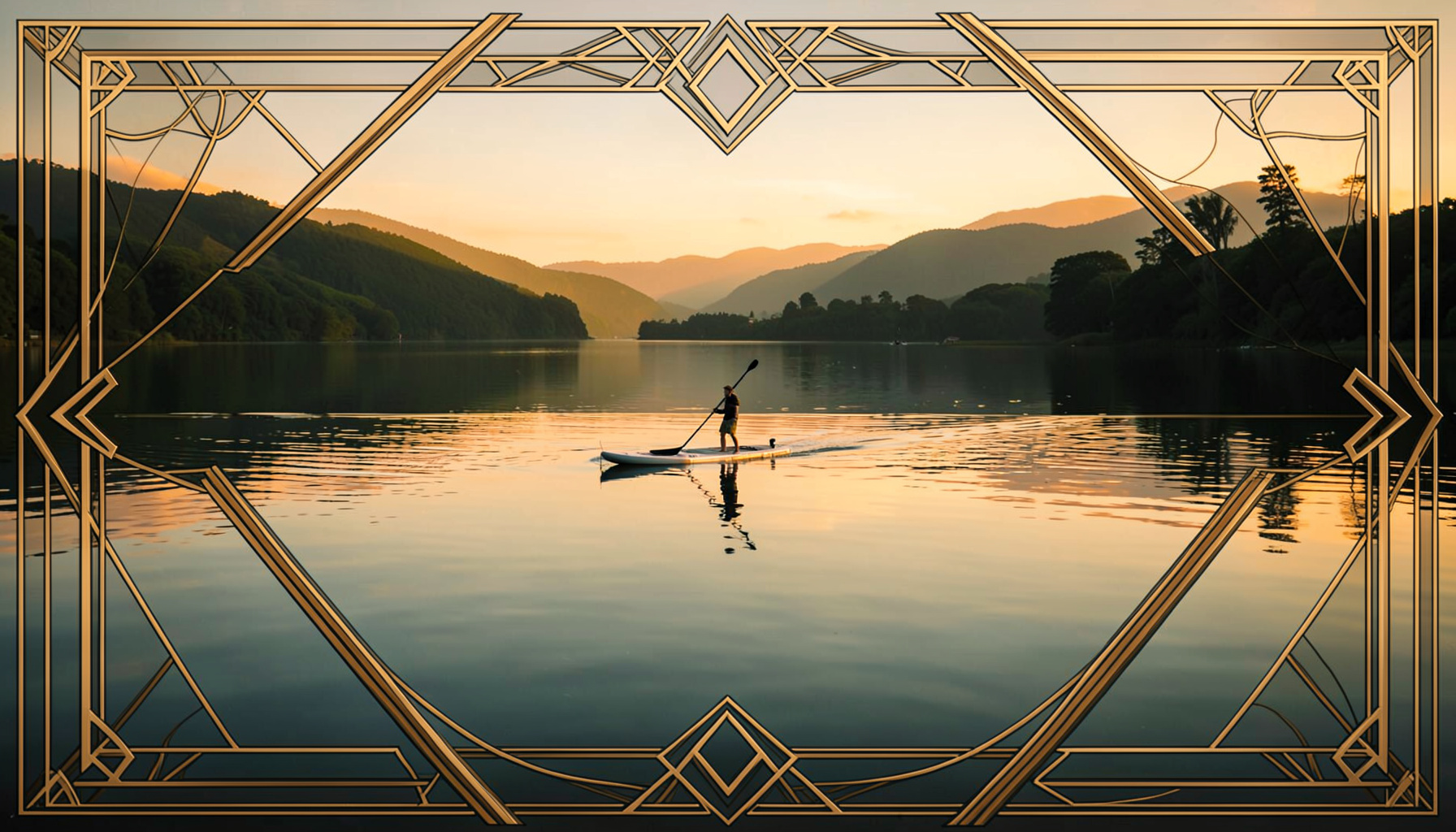 A calm lagoon at golden hour with a lone paddleboarder gliding across glassy water, framed by distant green hills.