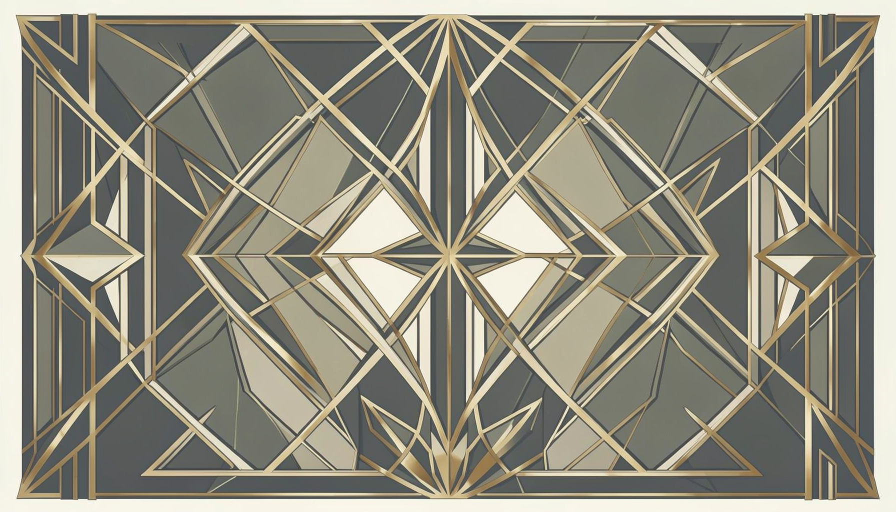 A wide art-deco geometric composition with symmetrical motifs in muted gold, cream, and charcoal tones, evoking a refined conference atmosphere.