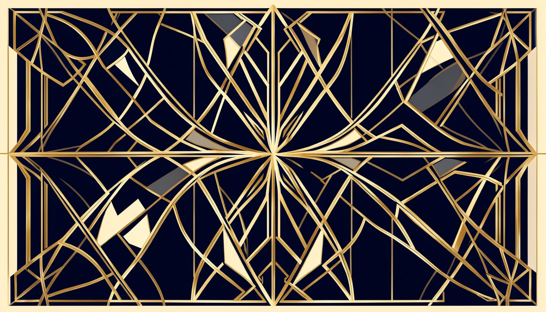 An art-deco geometric composition with symmetrical motifs in warm gold, cream, and deep navy tones, evoking a refined conference atmosphere